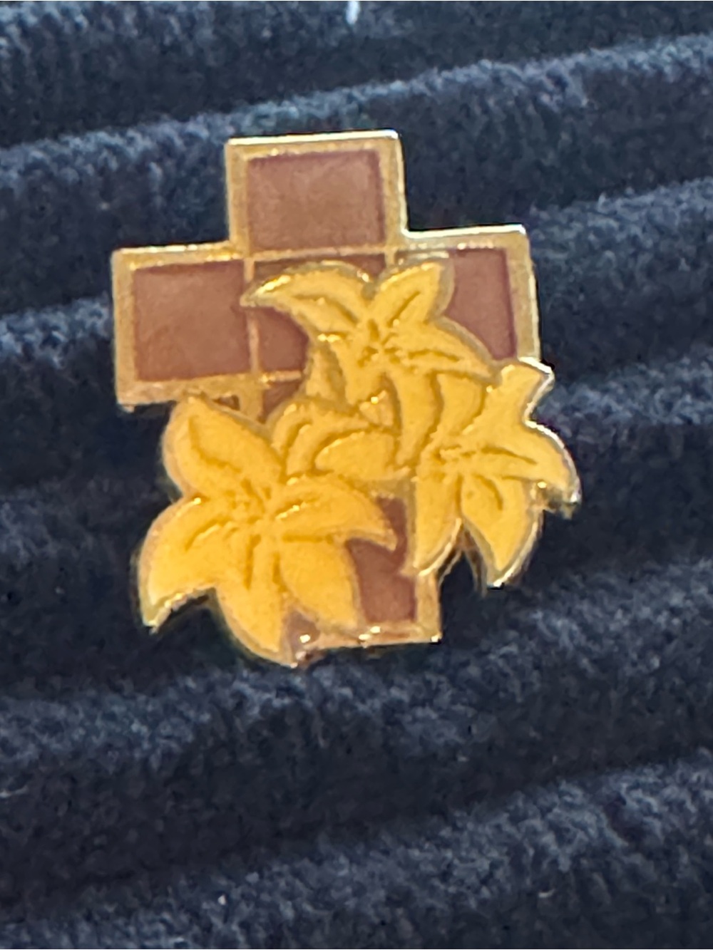 Floral Cross Enamel Pin in Yellow and Brown